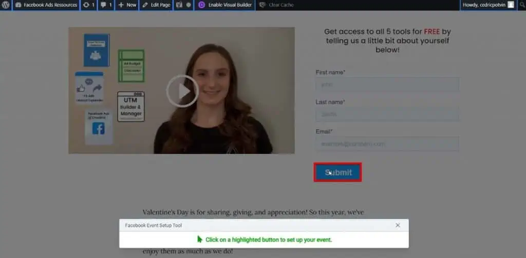 Using the track a new button method to set up a new event from the Meta Business Manager account