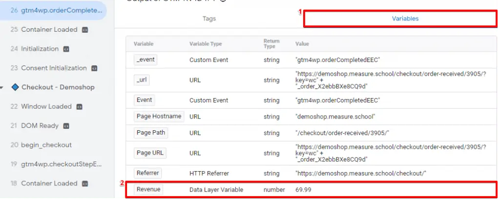 Verifying the conversion revenue for a purchase on the website from the variables section of the GTM section of the browser