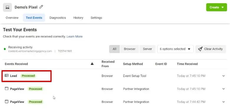Verifying the fired Lead event on the Meta Business Manager account