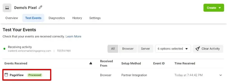 Verifying the fired PageView event on the Meta Business Manager account