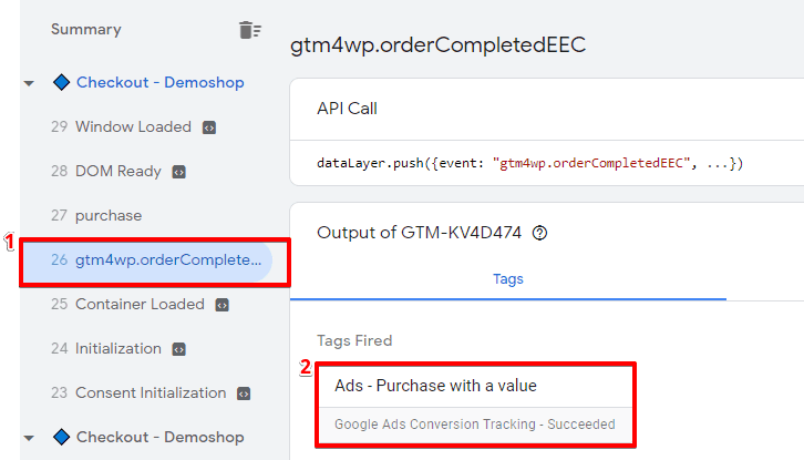 Verifying the fired Tags for a purchase on the website from the GTM section of the browser