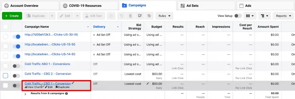 Accessing a CBO campaign from Meta Ads Manager