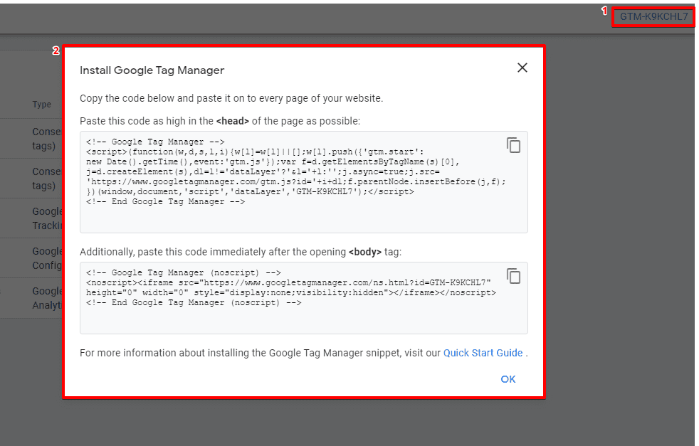 Accessing the Google Tag Manager code snippets form the GTM ID to migrate tracking data