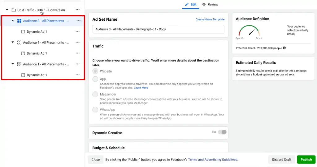 Accessing the audience sets and dynamic ads in an automated campaign on Meta Ads Manager