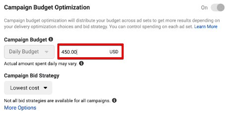 Accessing the campaign budget optimization to set the daily budget of a campaign in Meta Ads Manager