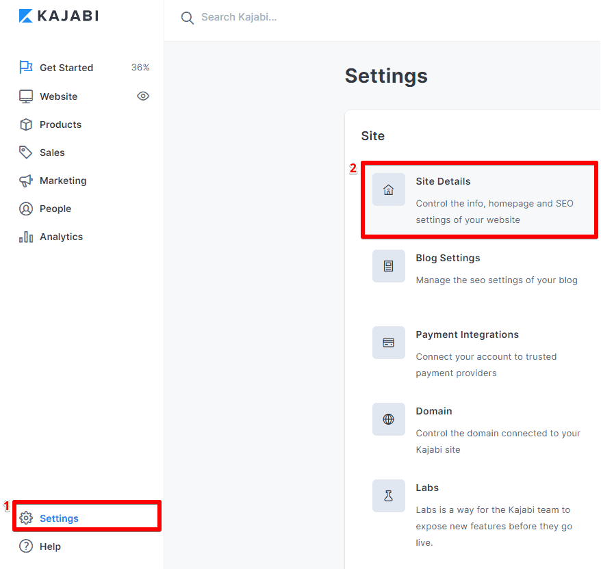 Accessing the site details from the settings section of the Kajabi account