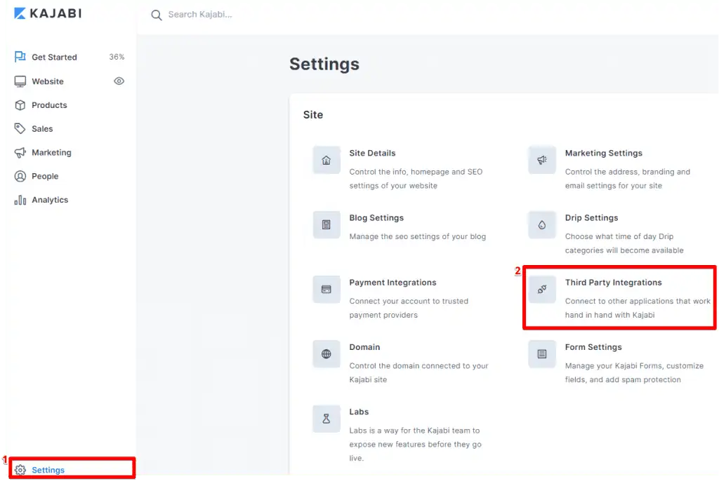 Accessing third-party transactions from the settings section of the Kajabi account