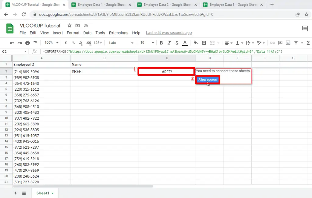 Allowing access for implementing an import range function to access the data from various spreadsheets
