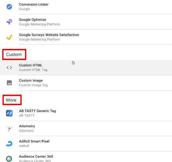 Analyzing the custom and more Tags as Tag types in Google Tag Manager