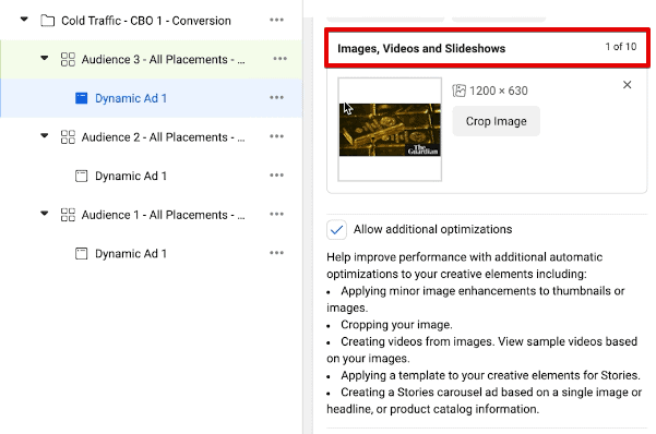 Configuring images, videos, and slideshows to a dynamic ad on a CBO campaign