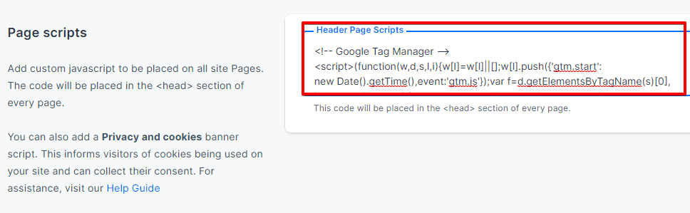 Configuring the GTM snippets into the header page scripts of the website via the Kajabi account