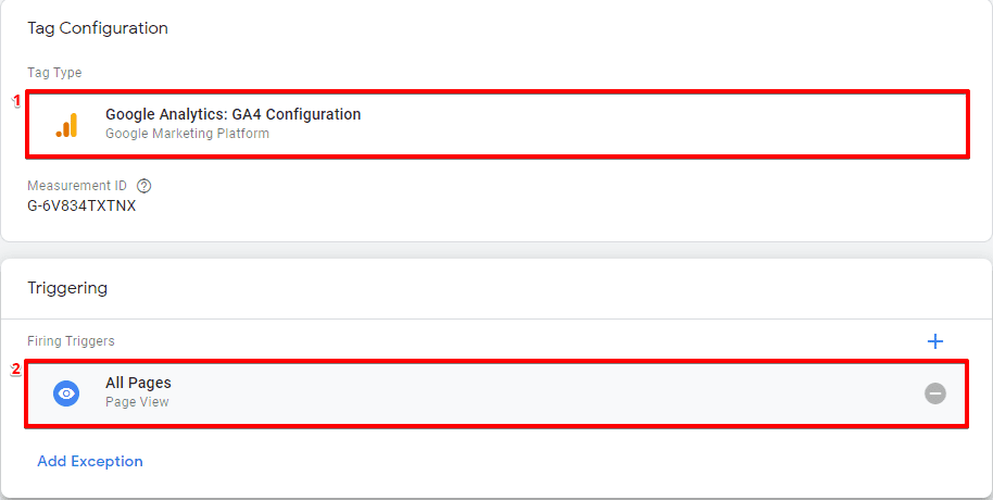 Configuring the Google Analytics GA4 Configuration Tag with an All Pages trigger to the Google Tag Manager account