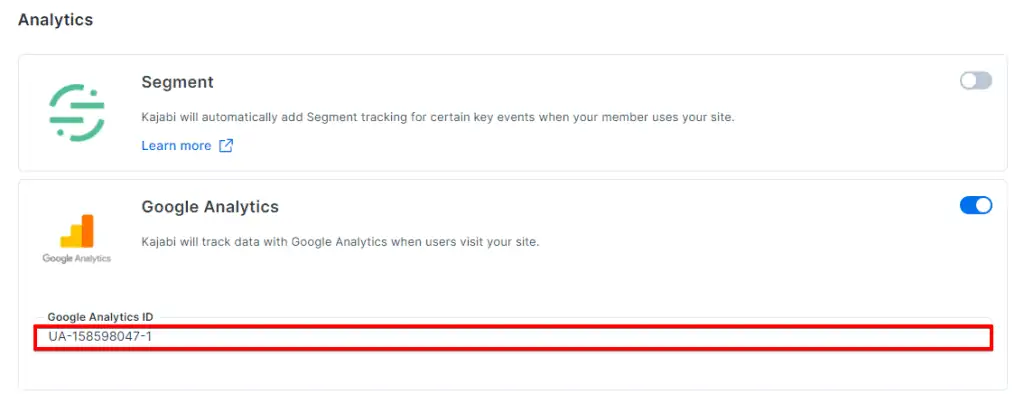 Configuring the Google Analytics tracking ID into the Kajabi account