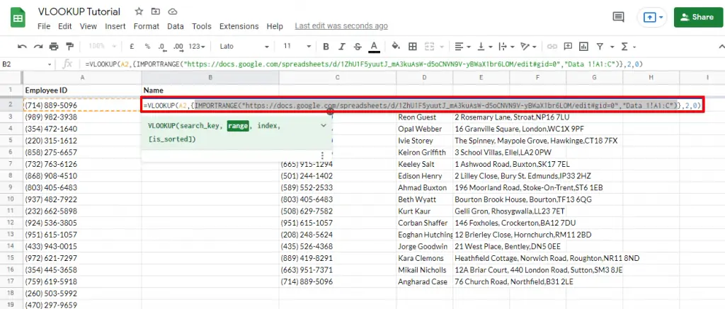 Configuring the import range function as the range for a VLookup function to access data from different spreadsheet