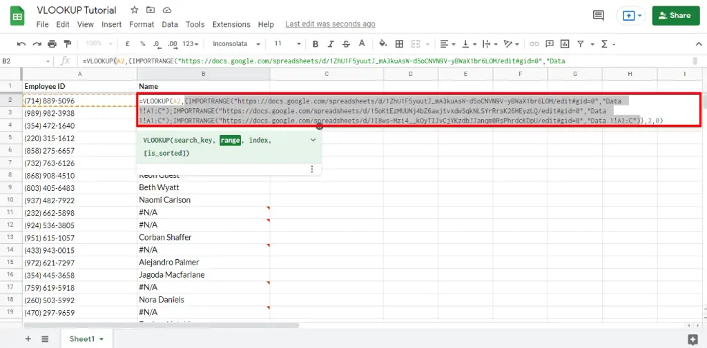 Configuring the import range function as the range for a VLookup function to access data from multiple spreadsheets