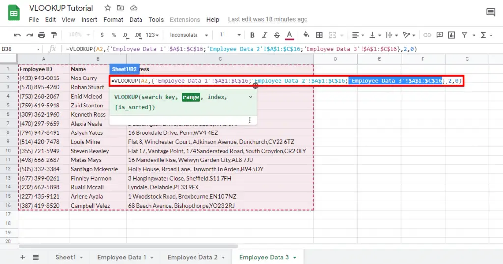 Configuring the range into a VLookup function to access the data from multiple sub sheets of a Google Spreadsheet