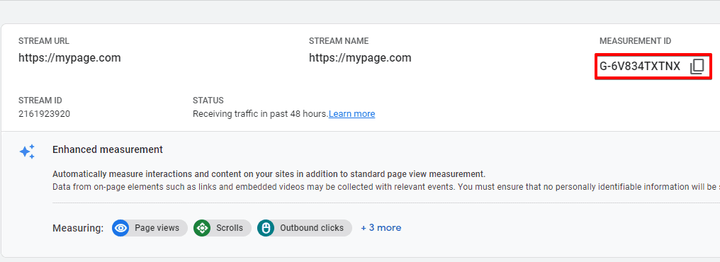 Copying the measurement ID from data streams under the Admin section of Google Analytics 4