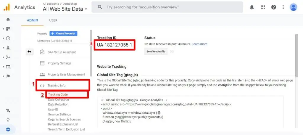 Copying the website Tracking ID from the tracking info of the Admin section from Google Analytics