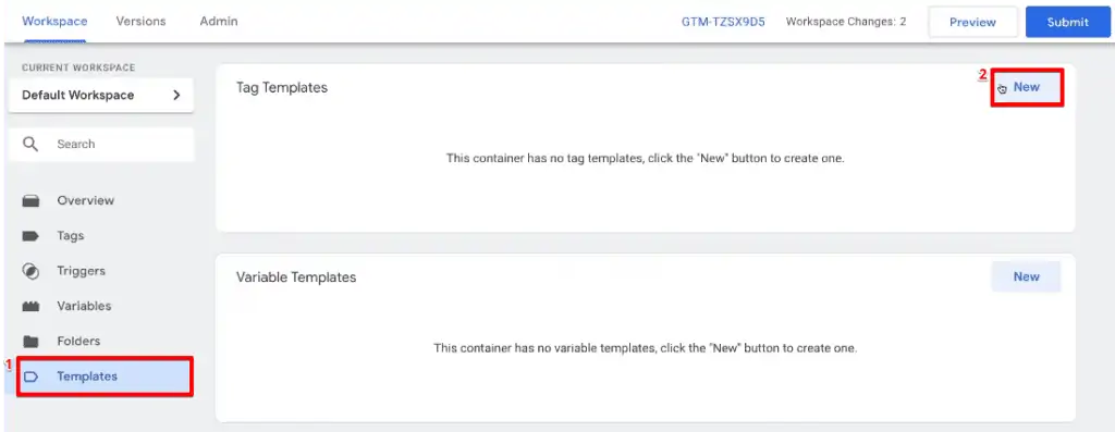 Creating a new Tag from the workspace section of Google Tag Manager