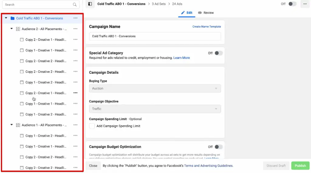 Evaluating the ads and audience sets in an ad set budget optimized campaign