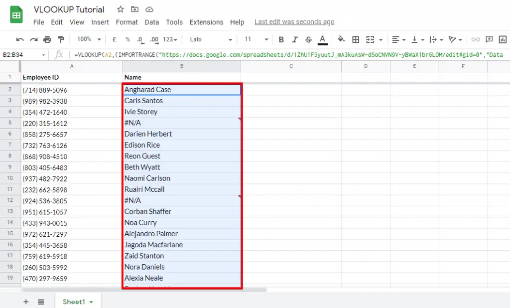 Implementing the VLookup function across the data set to access the data from multiple spreadsheets