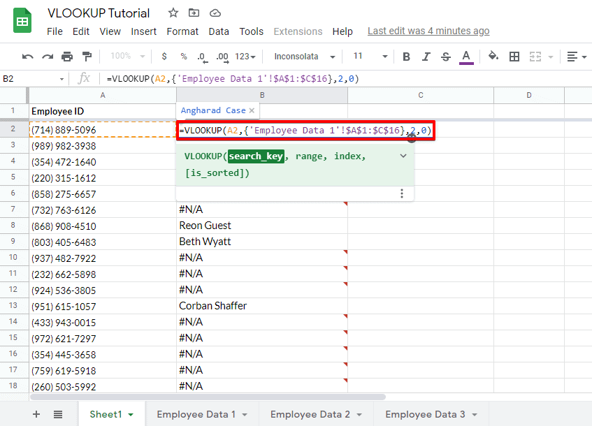 Modifying the range of a VLookup function into an array to access the data from a sub sheet of a Google Spreadsheet