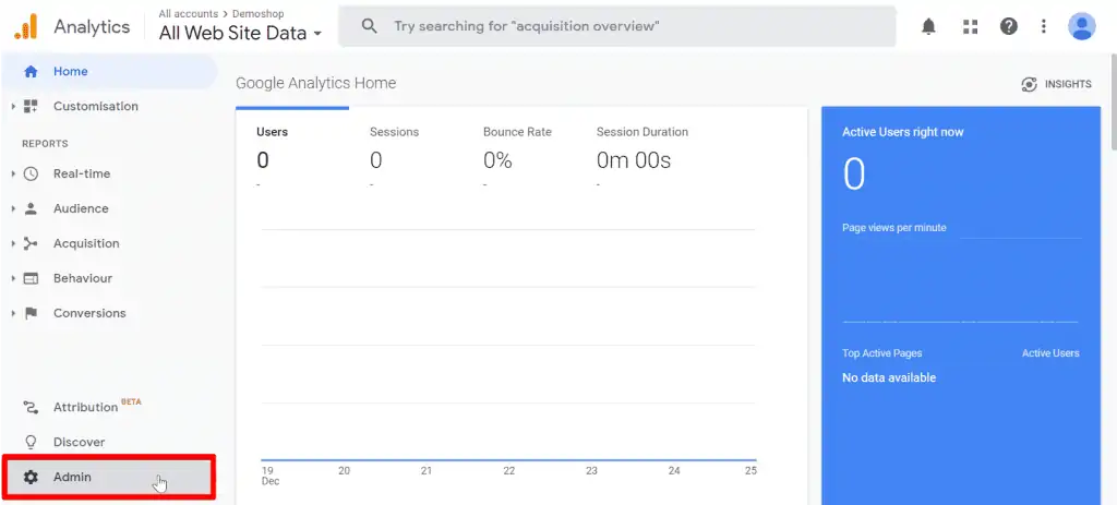 Navigating the Admin section of Google Analytics to find the tracking ID