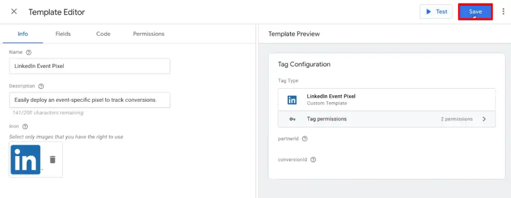 Saving the imported custom template on the GTM template editor interface