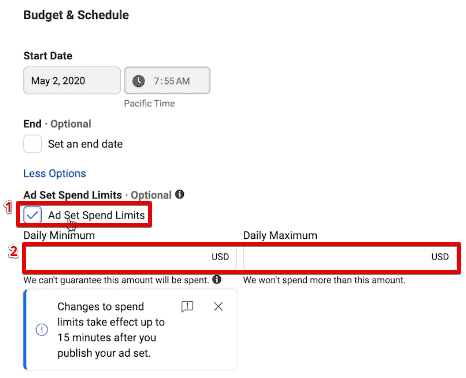 Utilizing the ad set spend limits to adjust the daily minimum and maximum spending amounts for an ad