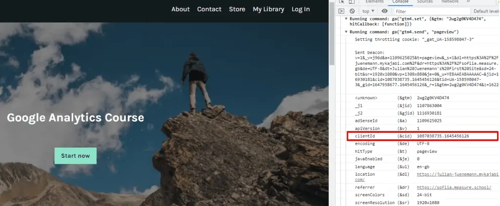 Verifying the client ID of a user to identify the sessions counted by Google Analytics