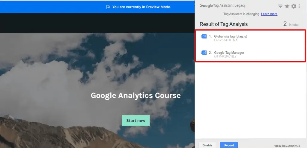 Verifying the fired Tags from the Google Tag Assistant Legacy extension on the browser