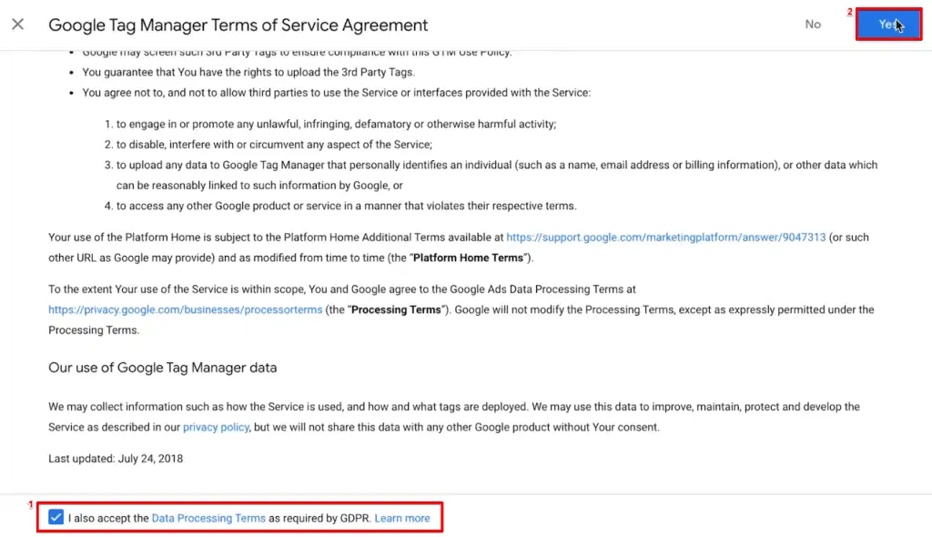 Accepting the terms to create a new GTM account