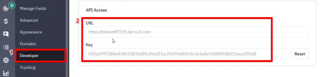 Accessing API URL and key from Developer option in ActiveCampaign menu