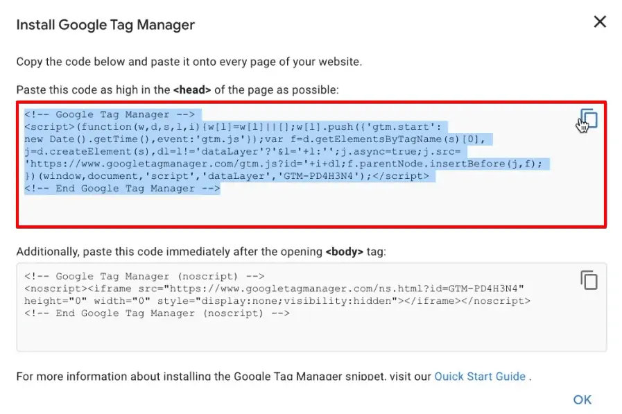 Accessing Google Tag Manager snippets to manually install them to the website script