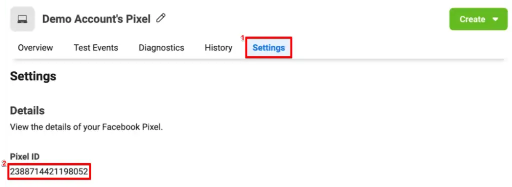 Accessing the Facebook Pixel ID from the settings section of the Facebook Pixel account