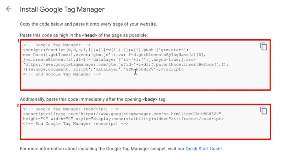 Accessing the GTM code snippets for adding to the website script