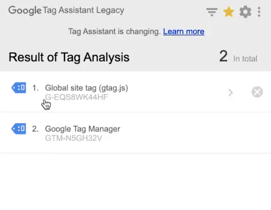 Accessing the configured codes to the website from the Google Tag Assistant legacy extension