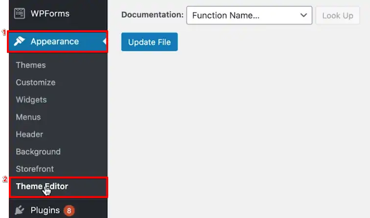 Accessing the theme editor from the Admin section of the website backend section