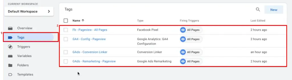 Accessing various Tags from the Tags section in the Google Tag Manager account