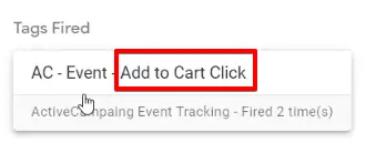 Add to Cart Click event fired for ActiveCampaign event tracking in Google Tag Manager