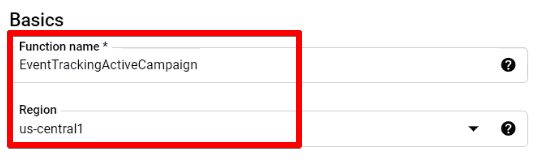 Adding a function name and region to a new function on Google Cloud