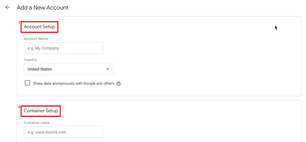 Adding account information to create a new Google account for Google Tag Manager