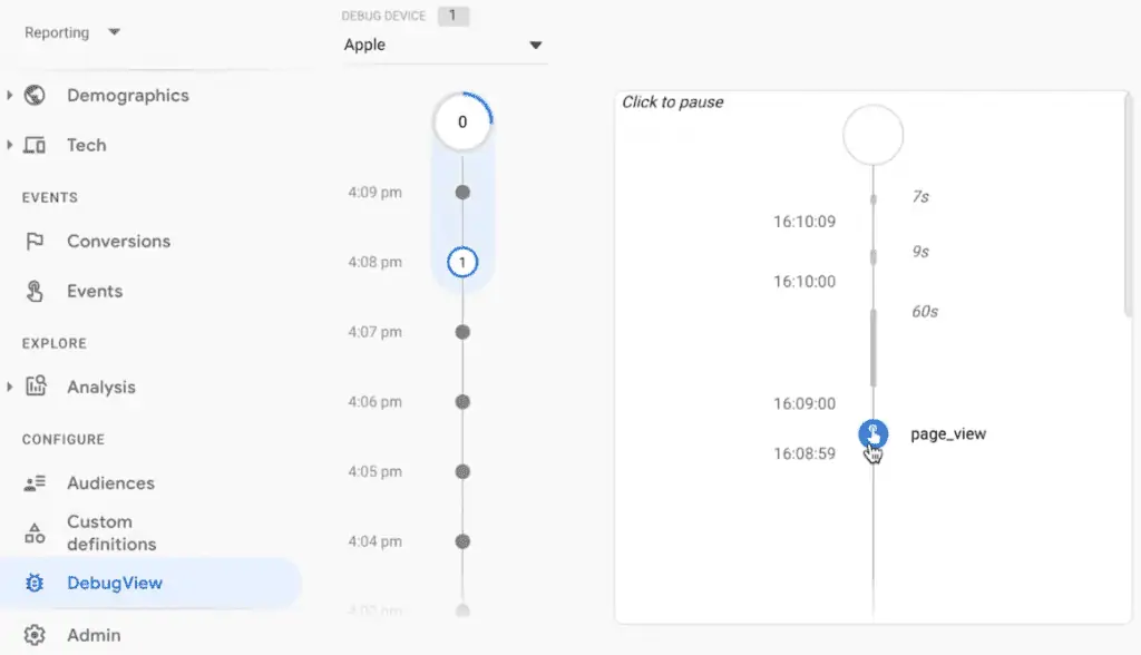 Analyzing the fired Tags and events from the debugview section of the Google Analytics account