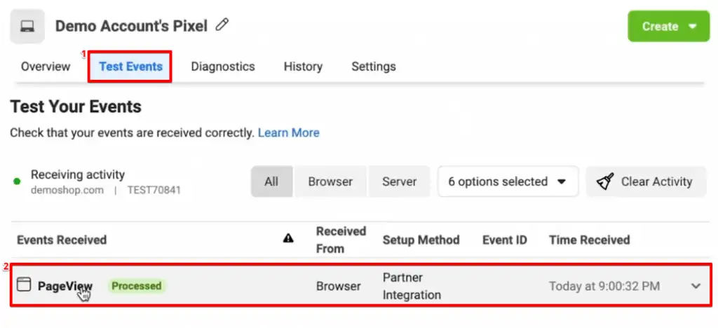 Analyzing the fired events from the test events section of the Facebook Business Manager account