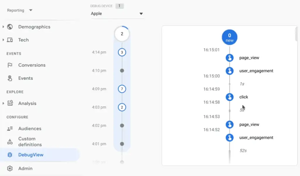 Analyzing the fired tags and events from the debugview section of the Google Analytics account