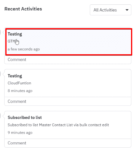 Checking recent activities of the test user on the ActiveCampaign account