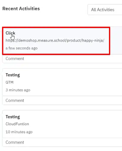 Checking recent activities of the test user on the ActiveCampaign account