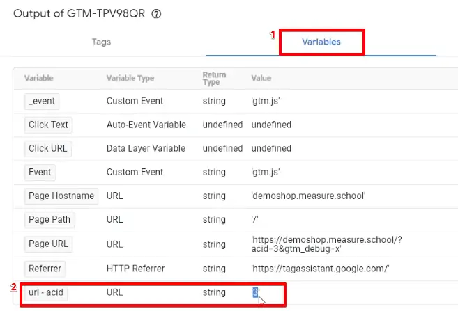 Checking the fired variables in the Google Tag Manager account