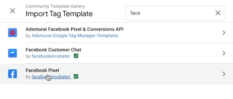 Choosing a Facebook Pixel Tag template from the template library of the GTM account