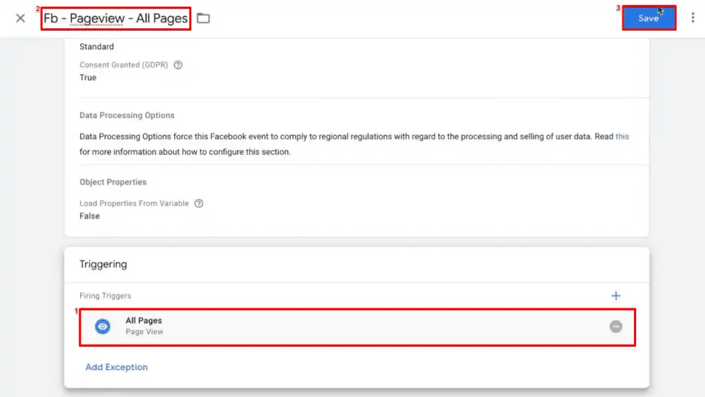 Configuring a new Facebook Pixel type Tag with all pages trigger to the GTM account